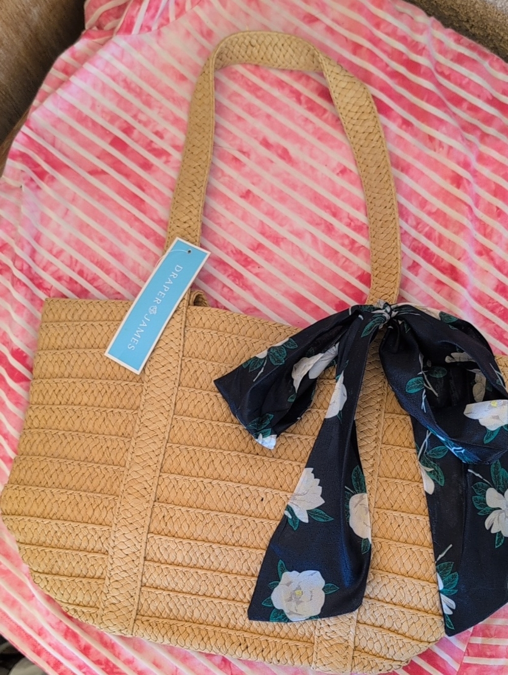 NWT Draper James Tan Woven Tote with Navy Floral Scarf